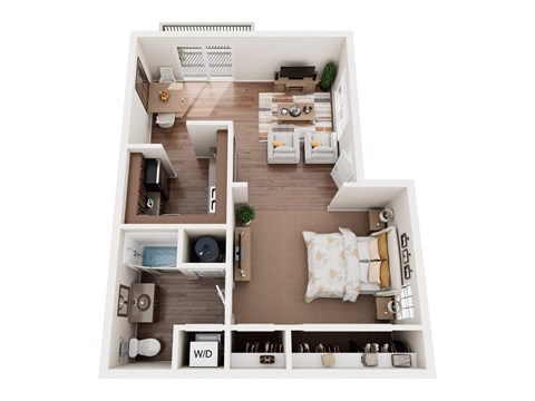 a stylized floor plan with a bedroom and a living room